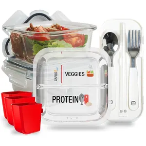 Portion Control Containers for Bariatric Meals – 8 oz Glass Meal Prep Containers with Two 4 oz Compartments and Lids (3 Pack), Reusable Bento Lunch Boxes