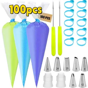 100Pcs Disposable Frosting Piping Bags & Tips Set - 12" EVA Bags,Perfect for Cake/Cupcake/Cookie Decorating | Essential Home Bakery Baking Tools camping gear