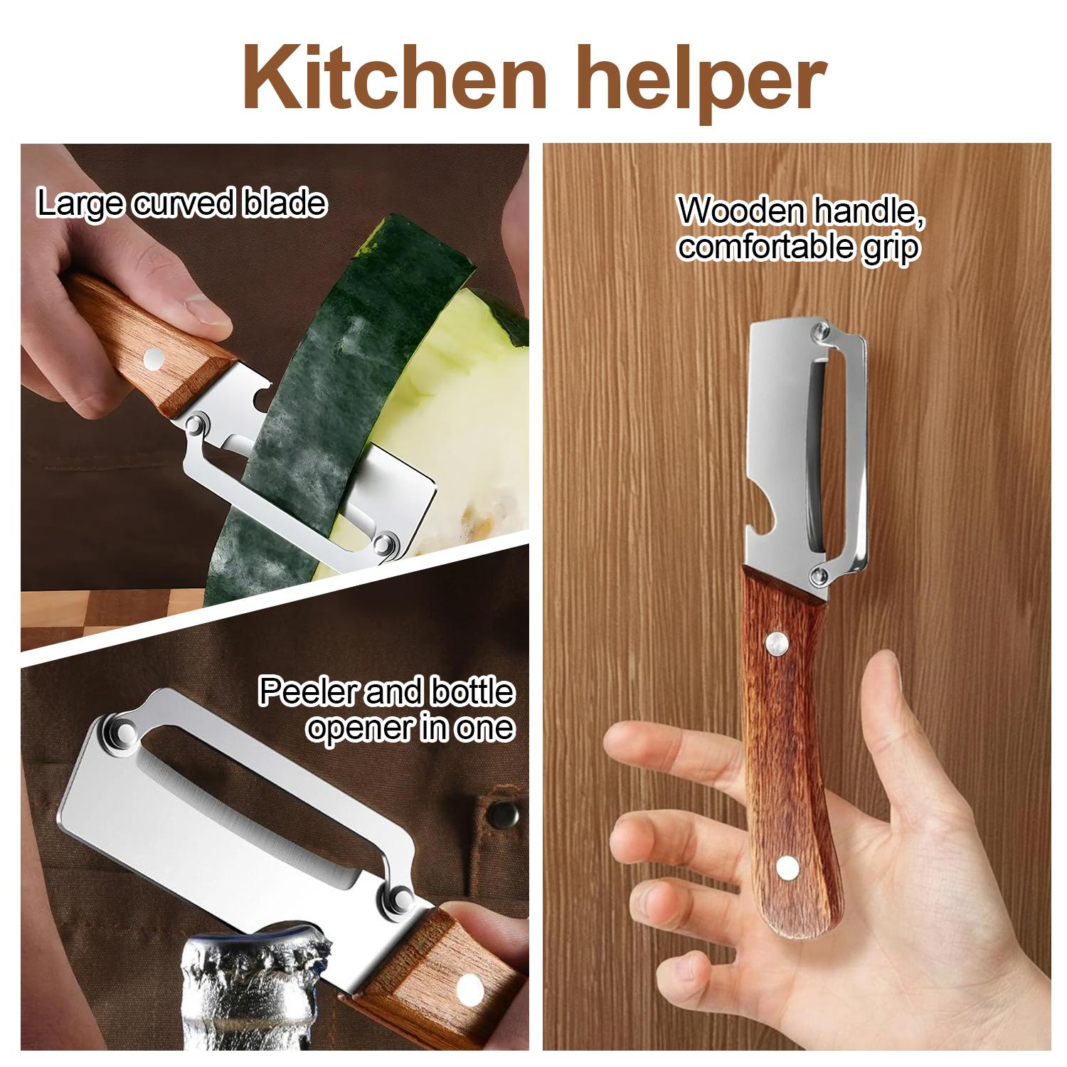 Multi-Functional Stainless Steel Peeler with Bottle Opener Peeling Knife Wooden Handle Kitchen Tool for Fruit Potato Pumpkin Papaya Sugarcane
