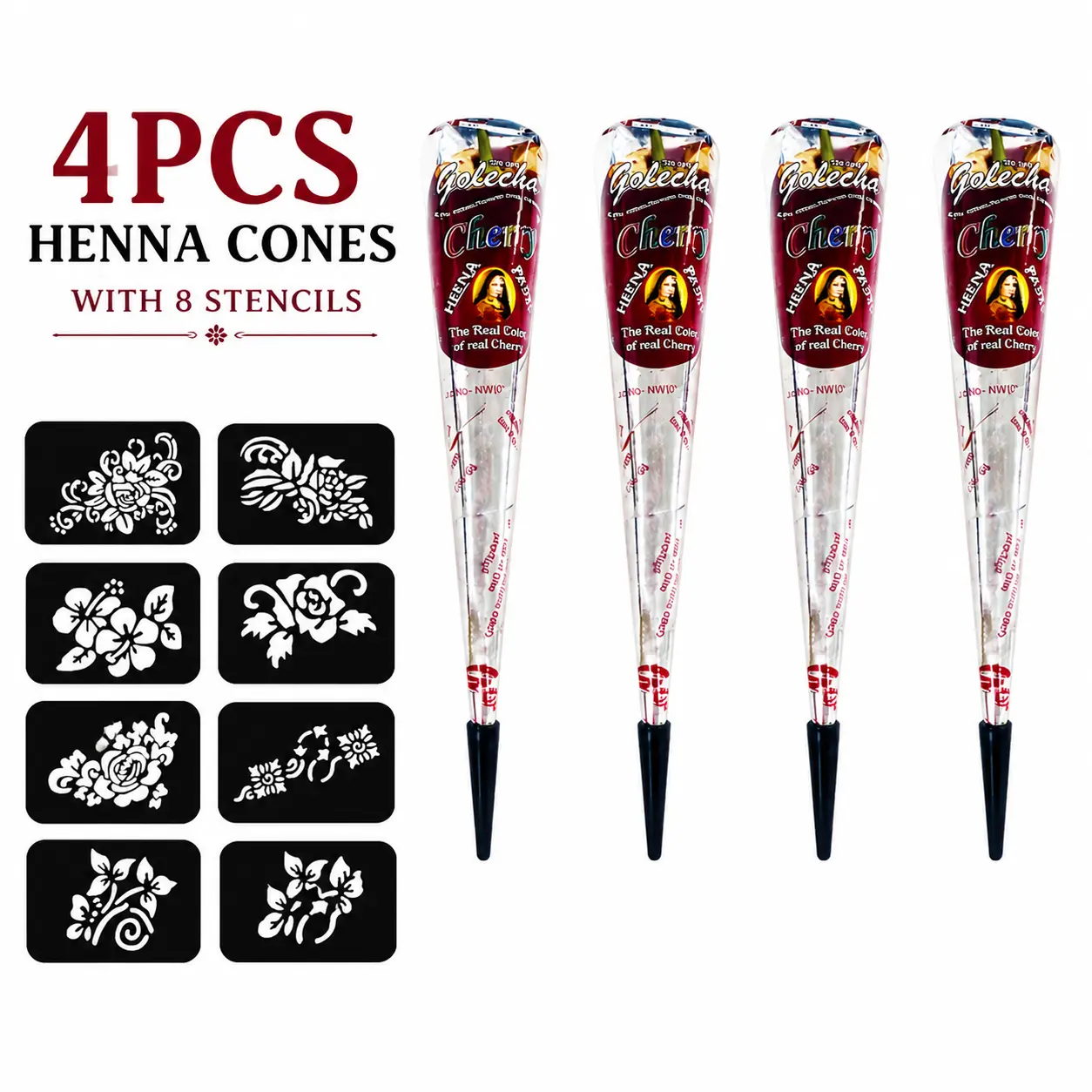 Cherry Red Henna Cones Kit with Flower Stencils, Henna Designs Tools for Temporary Tattoos DIY Mehndi Body Art, Long-Lasting Smooth Flow Trace & Dry for Beginners Home Use