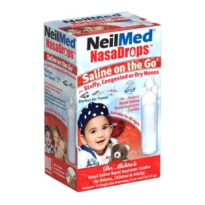 NeilMed NasaDrops Saline on the Go 15 Single-Use Ampoules 15 mL Each for Infants 6 Months and Up Drug-Free Preservative-Free Sterile Nasal Saline Solution