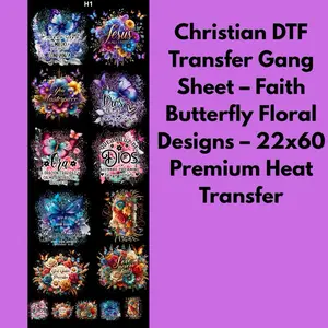 Christian DTF Transfer Gang Sheet – Faith Butterfly Floral Designs – 22x60 Premium Heat Transfer
