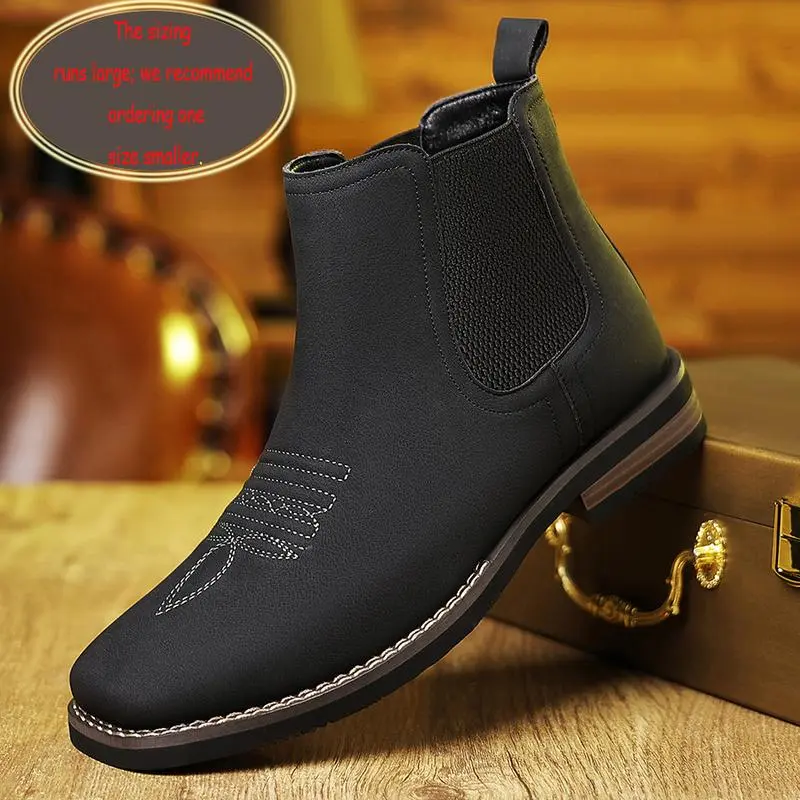 Men’s Western cowboy boots, square-toe Chelsea ankle boots, work boots—casual, vintage, fashionable, classic, comfortable, versatile; available in khaki and black; outdoor casual closed-toe style