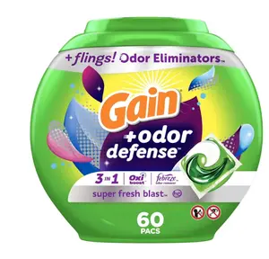 Gain Flings Laundry Detergent Pacs with Odor Defense, Super Fresh Blast Scent, 60 Count