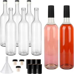 8 Pack 750ml Clear Glass Bottles with Cork Lids and PVC Shrink Capsules, Empty Home Brewing Wine Bottles with Funnel for Sparkling Wine, Juice, Kombucha, Beverages
