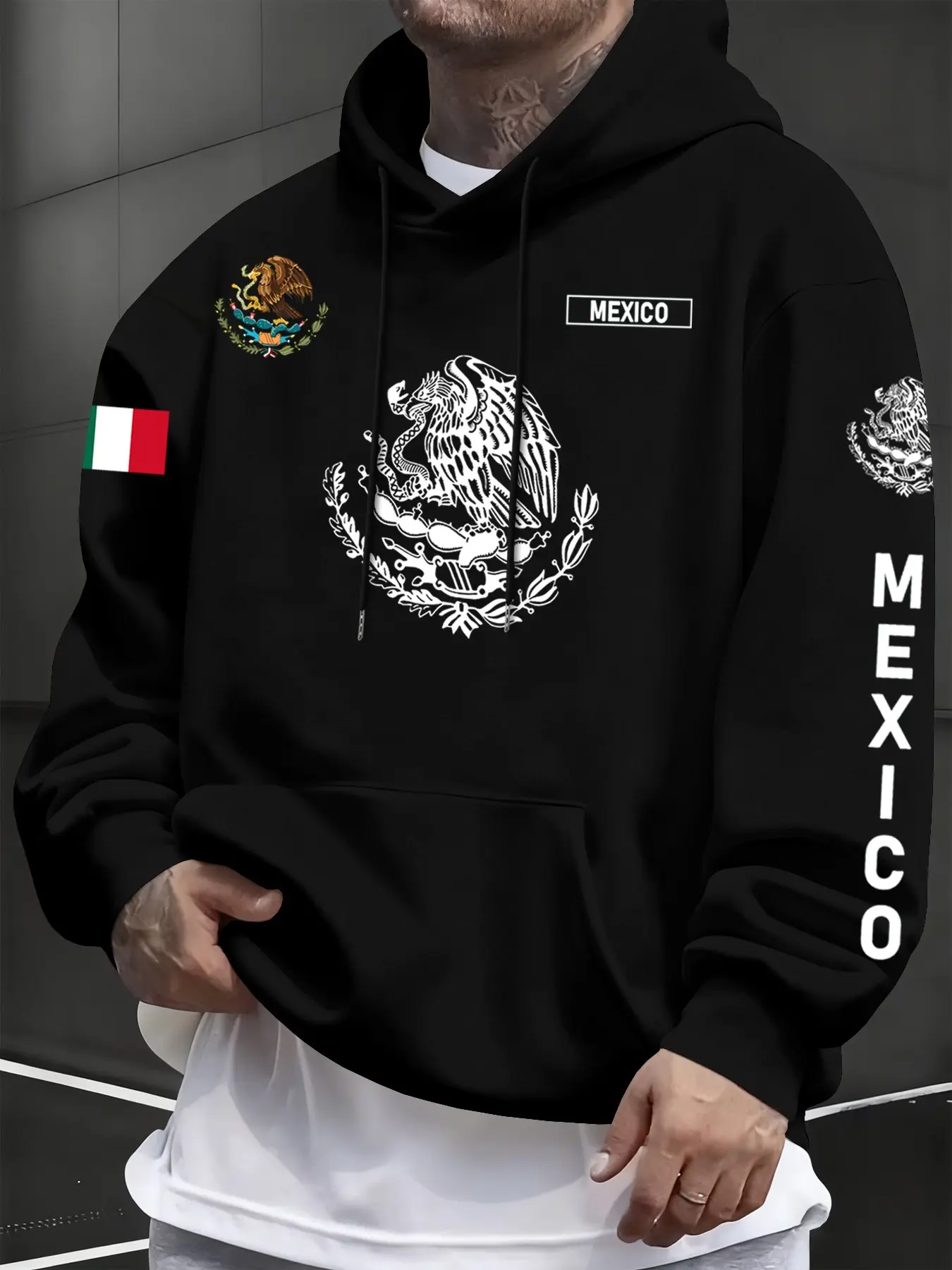 Men's Casual Fleece Hoodie, Mexican Theme Letter Flag Print Design, Warm Drawstring Pocket Sweatshirt, Fall & Winter Fashion, Long Sleeve