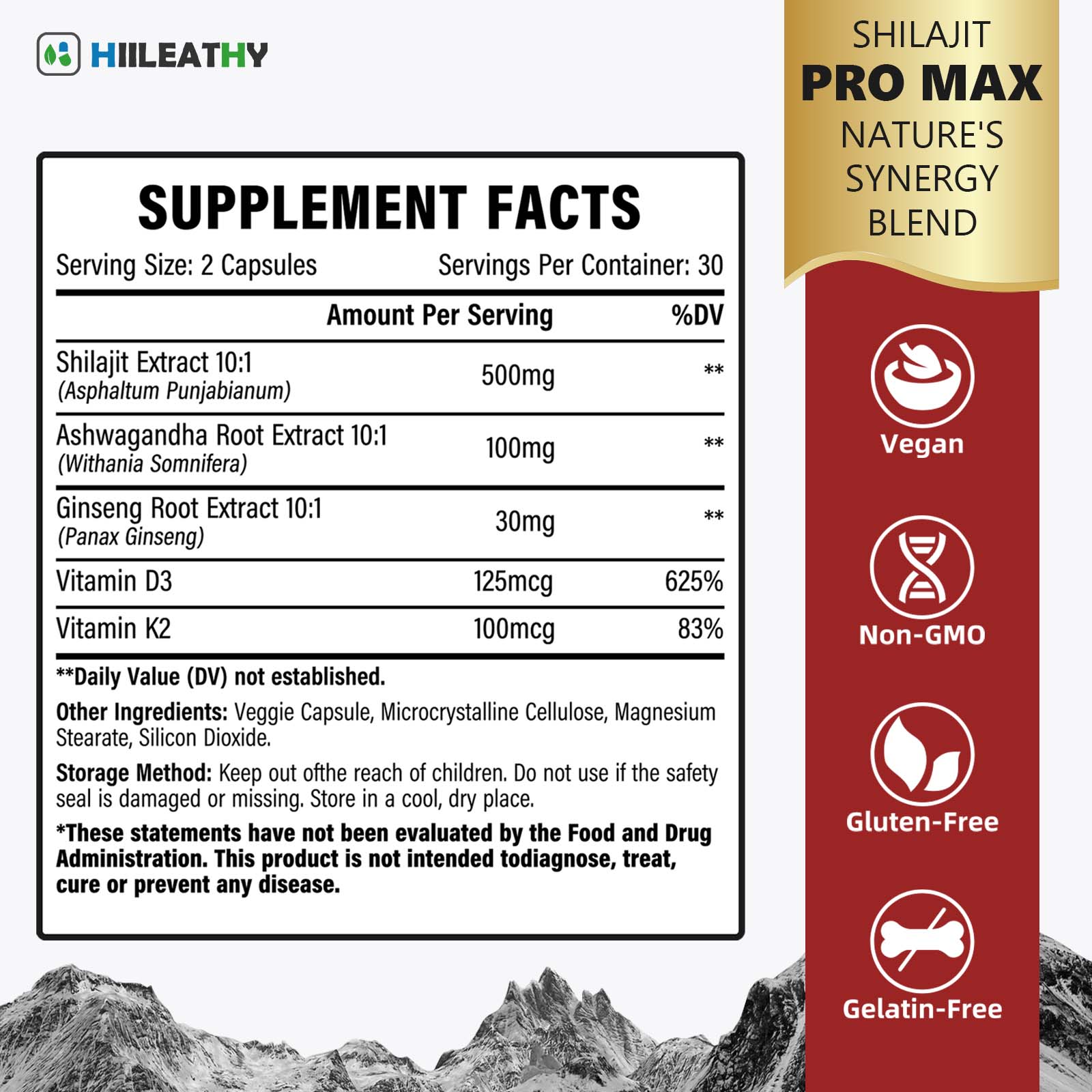 HIILEATHY Shilajit PRO MAX – 60 Capsules for Men & Women | High Strength 500mg Shilajit Extract with K2 + D3, Ashwagandha & Ginseng | Supports Healthy Testosterone, Energy, Stamina, Focus, Immune System & Healthy Aging