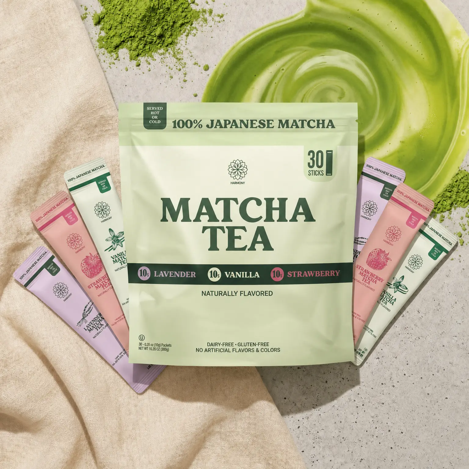 The Harmony Matcha Combo Variety Pack – Lavender, Strawberry & Vanilla (30 Sticks) – Premium Shade-Grown Japanese Matcha, Sweetened with Organic Sugar Beverage Natural Herbal Beverage
