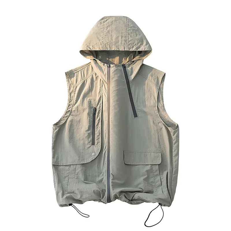 Men's Stylish Slim-Fit Plain Quick-Dry Nylon Hooded Vest - Sun-Protective, Breathable Menswear Fabric Outdoor Top with Multiple Pockets for Hiking