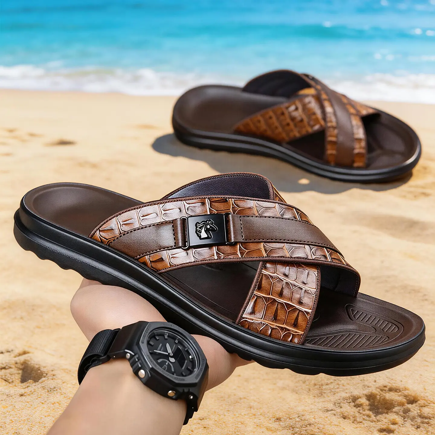 Water-Resistant Criss-Cross Reptile-Embossed Vegan Leather Slides | Peel-Resistant Outdoor Sandal & Quick Dry Sandals | Beach Shoes for Men's Outdoor Entertainment | sport flipflops daily
