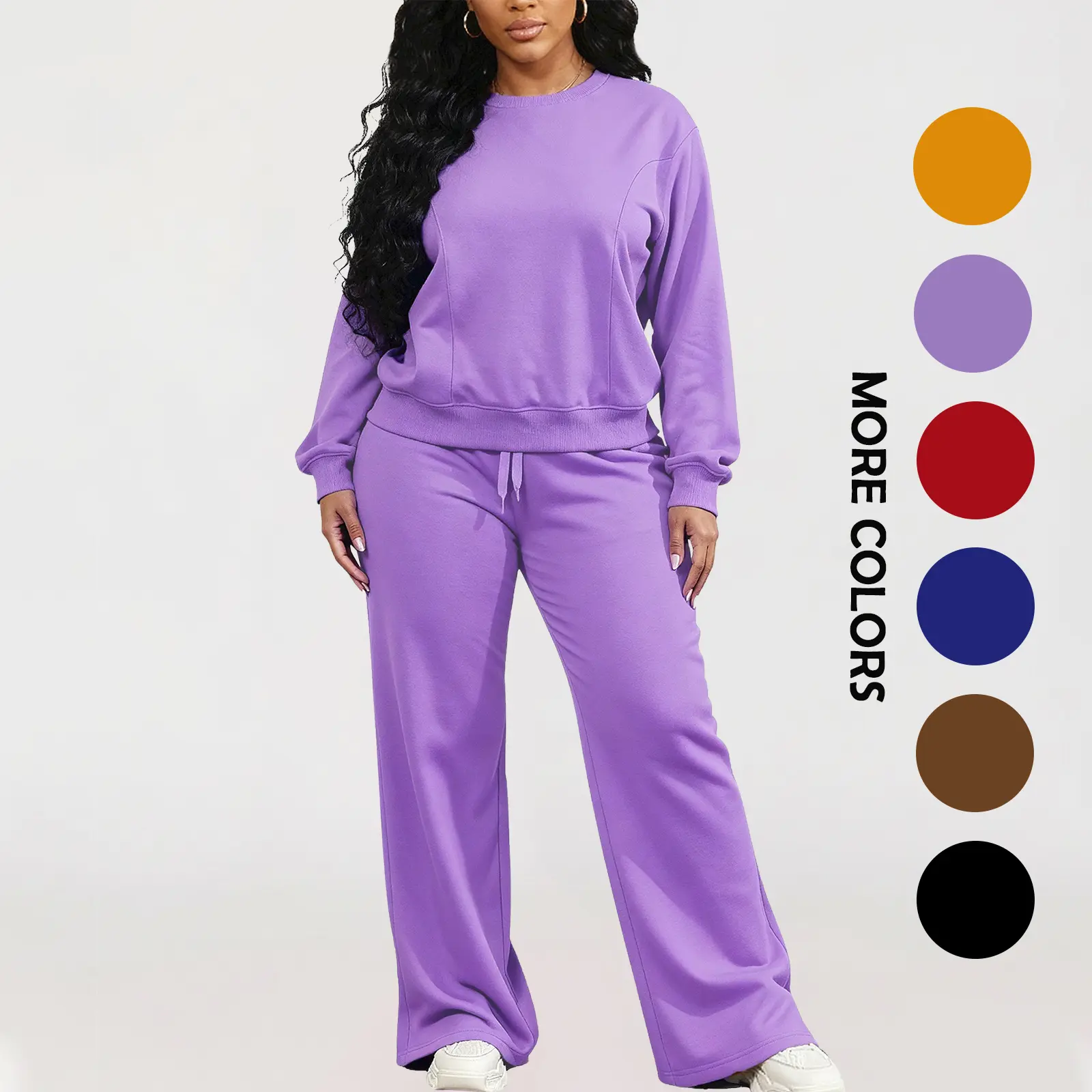 Women's Fall-Winter 2-Piece Casual Tracksuit, Sweat-Fabric Crew-Neck Long-Sleeve Top & Drawstring Wide-Leg Pants with Side Pockets for Home, Street Wear