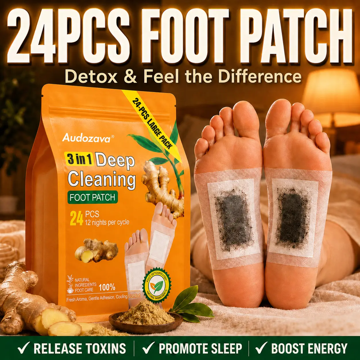24-Count Natural 3-in-1 Ginger Turmeric Soothe Detox Foot Pads with Bamboo Charcoal - Cruelty Free, Messfree Apply, 12-Night Cycle for Toxin Removal, Stress Relief, Better Sleep, Foot Relief, Travel Size