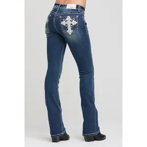 Cross Pleather Embroidery Bootcut Jeans