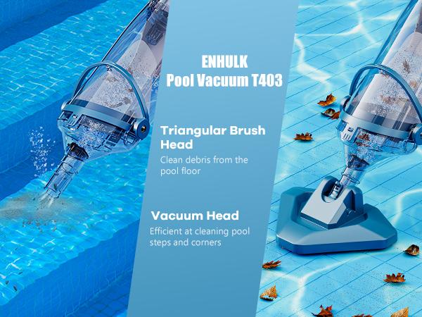 Enhulk Pool Vacuum for Above Ground Pool with Telescopic Pole, Running time up to 1H, Handheld Design with Powerful Suction up to 18.5 gallon/min