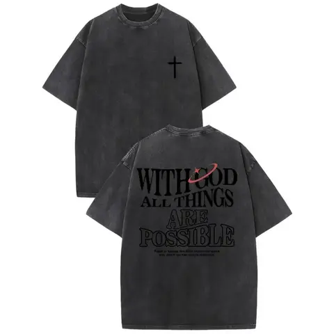 Men's Vintage Washed Breathe-Easy Natural Cotton Crew Neck Non-Stretch Loose-Fit Short-Sleeve T-Shirt - Matthew 26:41 "With God All Things Are Possible" White Text Print, Faith-Themed Moisture-Absorb All-Seasons Black Casual Streetwear Top