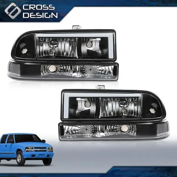 CROSSDESIGN Durable LED Front Lights Pair Set - Black PC Lampshade, Easy-Install Vehicle-Specific Fit Left & Right Headlight Assemblies with White Corners for 98-05 Chevy Blazer S10, Factory Direct Bumper Light Upgrade
