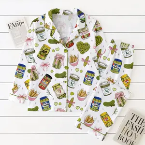 Pickle Lover Pajama Set – Cute Pickles Print Satin Pajamas, Funny Pickle Sleepwear, Pickle Girl Gift, Long Sleeve & Shorts PJs Set