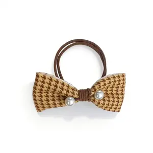 a set of four,Chic Black Bow Hair Tie – Houndstooth & Pearl Elastic Ponytail Holder (Korean Style)