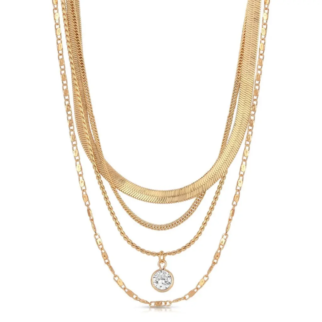 Ettika All the Chains Layered Necklace | Gold Layered Chain Necklace Stack with Crystal Pendant | Trendy Statement Jewelry for Women