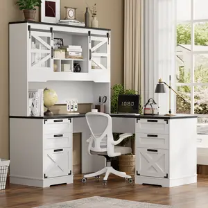 VOWNER 57" Farmhouse L Shaped Desk with Hutch, Executive Desk with Charging Station, Home Office Desk with Sliding Doors and File Cabinet, Wood Corner Computer Desk with Drawers for Home Office, White