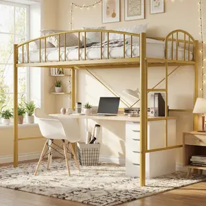 Garvee Twin Size Loft Bed with Ladder and High-Arched Guardrail, Sturdy Metal Slats, Space-Saving Modern Design, Easy Assembly, No Box Spring Needed, Safe for Adults, Gold Finish