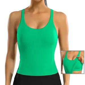 Attraco Women Ribbed Tank Top Workout with Built in Bra Yoga Racerback Crop Tops Tight Fit Lightweight Activewear Soft Breathable Vest