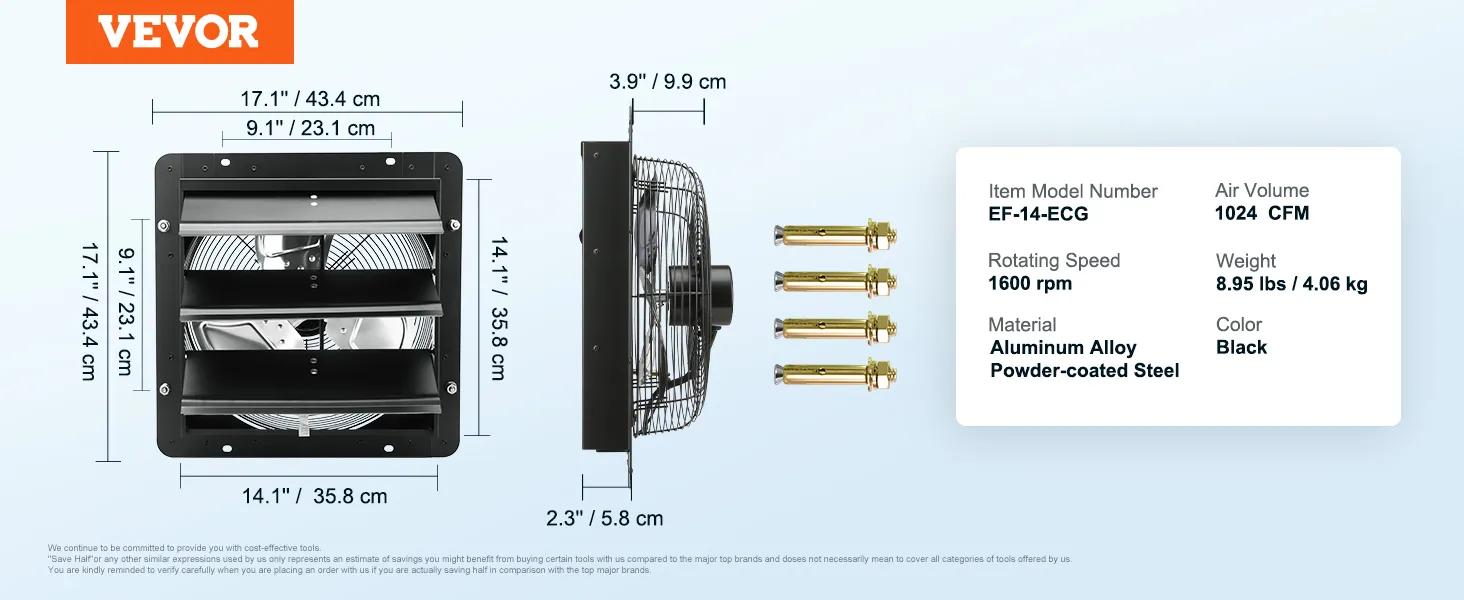 VEVOR Shutter Exhaust Fan,  16'' with Temperature Humidity Controller, EC-motor, 2650 CFM, 10-Speed Adjustable Wall Mount Attic Fan, Ventilation and Cooling for Greenhouses, Garages, Sheds, ETL Listed  With or without a controller