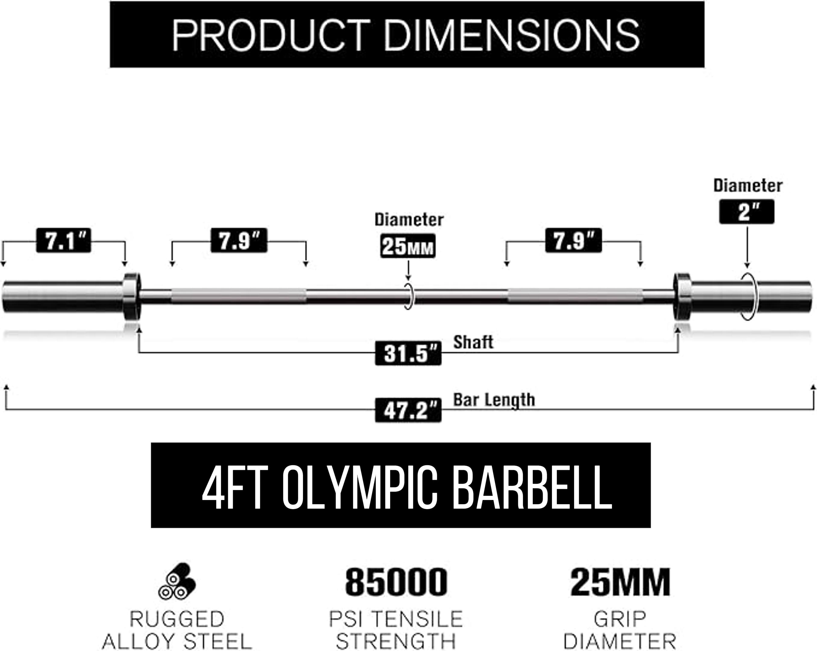 RITFIT Olympic Barbell 4ft/6ft - 2 Inch Weight Bar for Strength Training, Weightlifting, Squat, Deadlift, Bench Press, Curl, Overhead Press - 350lbs/500lbs Capacity RITFIT Olympic Barbell 4ft/6ft - 2 Inch Weight Bar for Strength Training, Weightlifting, Squat, Deadlift, Bench Press, Curl, Overhead Press - 350lbs/500lbs Capacity