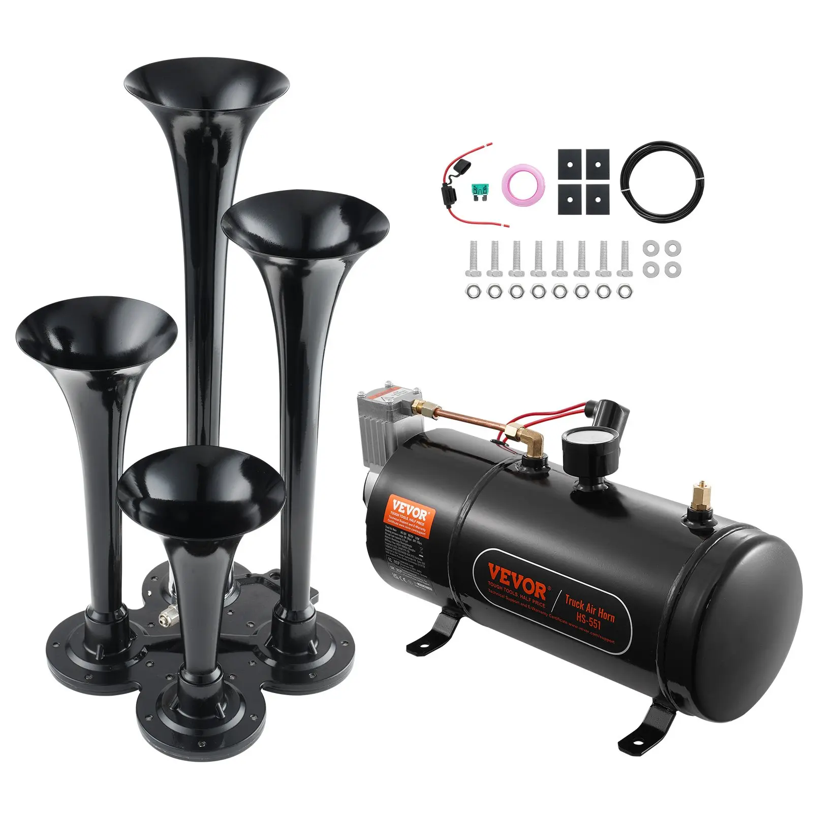 【Summerfinds】VEVOR Train Horns Kit 4 Trumpet Air Horn Kit150dB Train Horns for Pickup Trucks12V 120 psi Air Compressor 0.8 Gal/3 L Tank with Gauge for Any 12V Vehicle Car Truck Train Van Boat Power Sound Accessory
