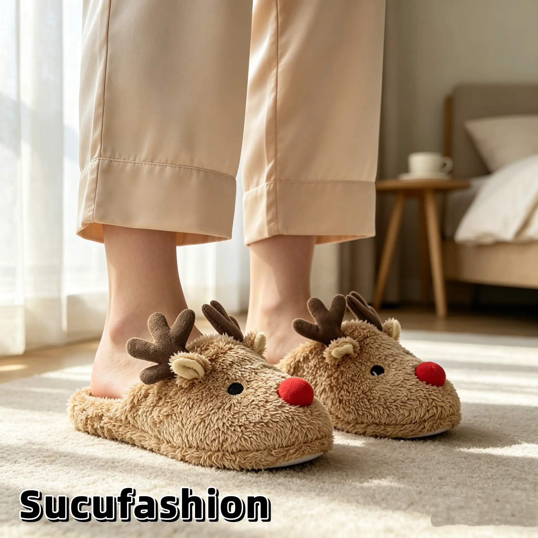 2026 Christmas-themed home slippers, men's and women's versions, deer-shaped fashionable three-dimensional home slippers