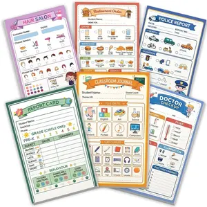 Kids Pretend Play Notepads - 6 Pack Kids Play Pads - 40 Pages Each of Restaurant, Doctor, Boarding Pass, Report Card, Classroom and Police Pad for Imaginative Role Play playtime note  pads