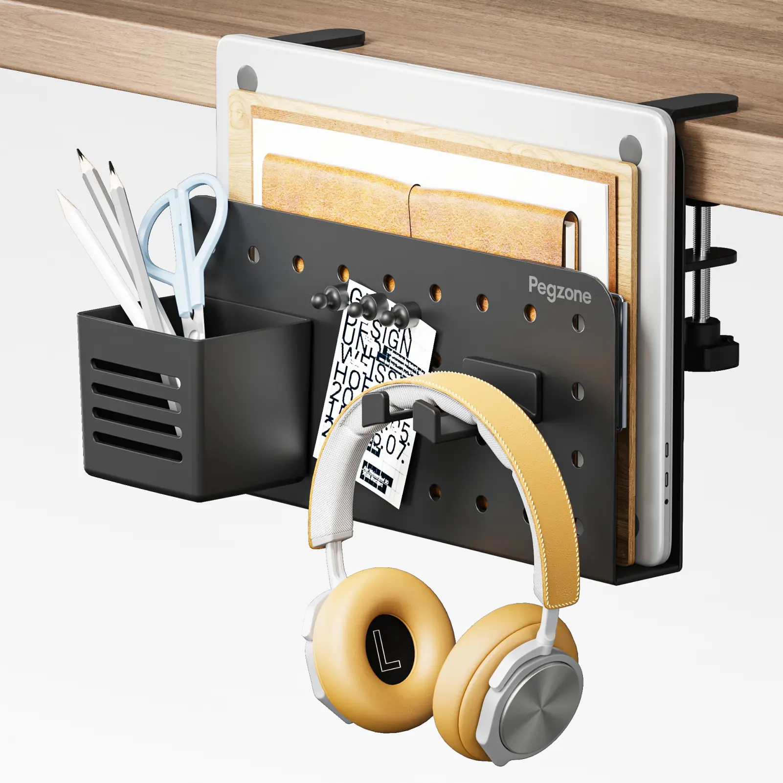 PEGZONE Desk Side Storage Organizer, No Drill Under Desk Laptop Holder, Clamp on Desks Shelf with Pegboard Accessories, Hanging Laptop Mount, Fits Flat Edge 0.4" to 2.2" tiktokshopbacktoschool