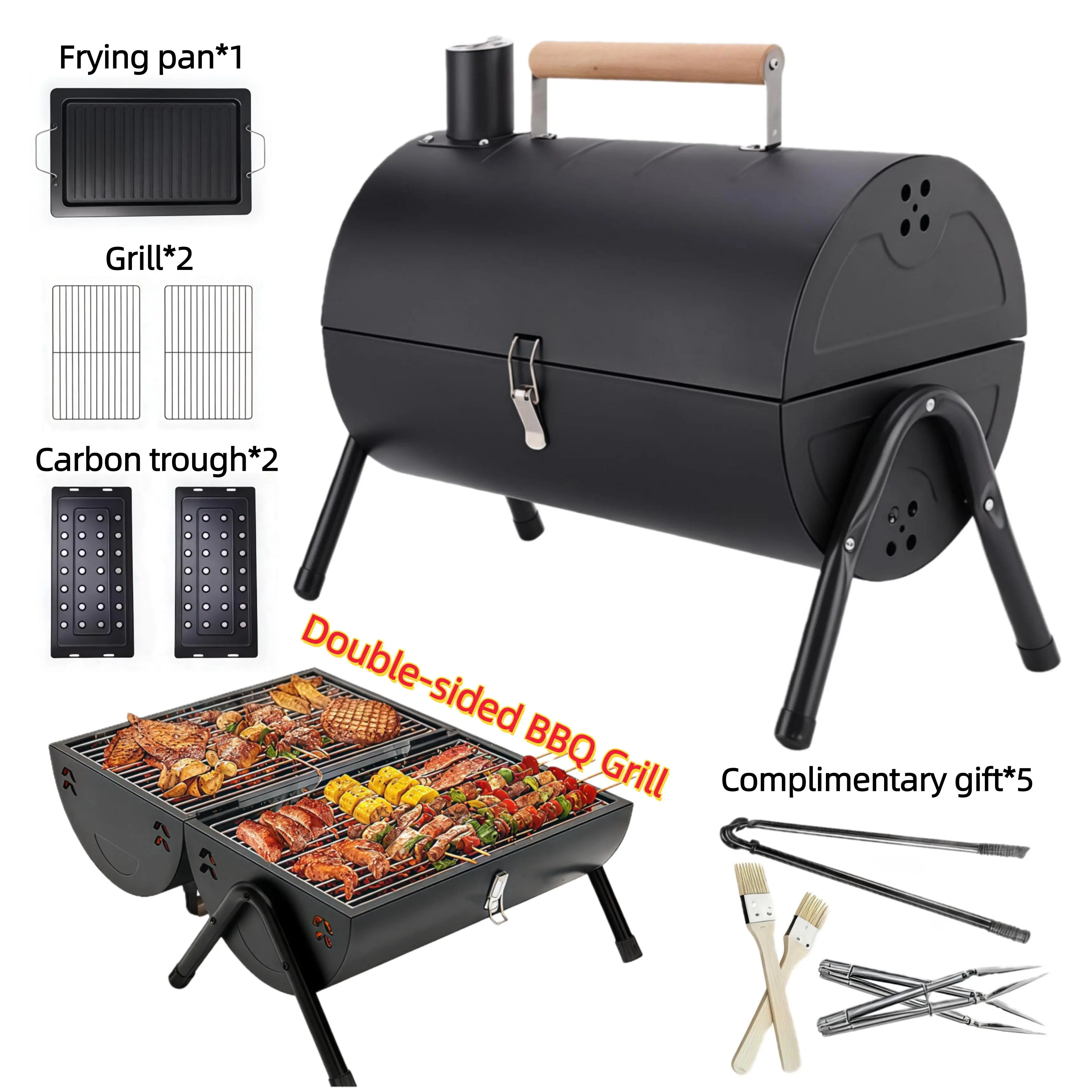 11-in-1 Double-sided Portable Charcoal Grill with Smoker Function，Spit Roast Shovel Fork Grill & Heat Resistant Clip，or Outdoor Cooking Backyard Camping Picnic Beach, Multi-Person  DualPurpose BBQ camp stove ，2 Carbon trough, 2 Baking Net,1 Baking Pan cam