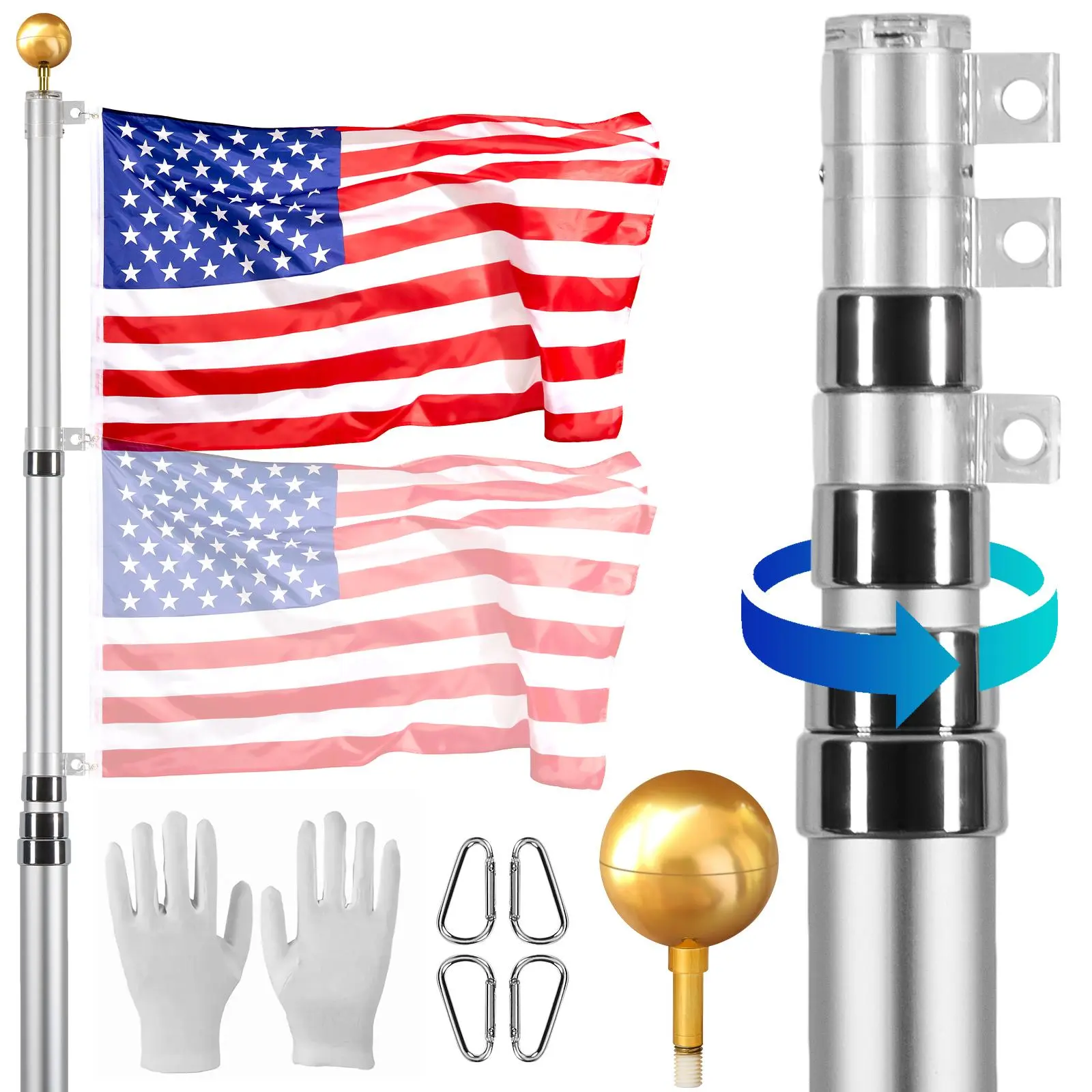 【SummerFinds】VEVOR 20FT Telescoping Flag pole Kit,  , Heavy Duty Aluminum Alloy in Ground Flag Poles for Outside, 3 Display Modes Flagpole with 3x5 American Flag, Professional Accessories, Silver Banners Lightweight