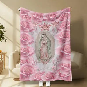 Our Lady of Guadalupe Pink Rose Wreath Flannel Blanket Ultra Soft Warm Throw for Couch Nap Travel Ideal Gift for Religious Art Lovers girlfriend
