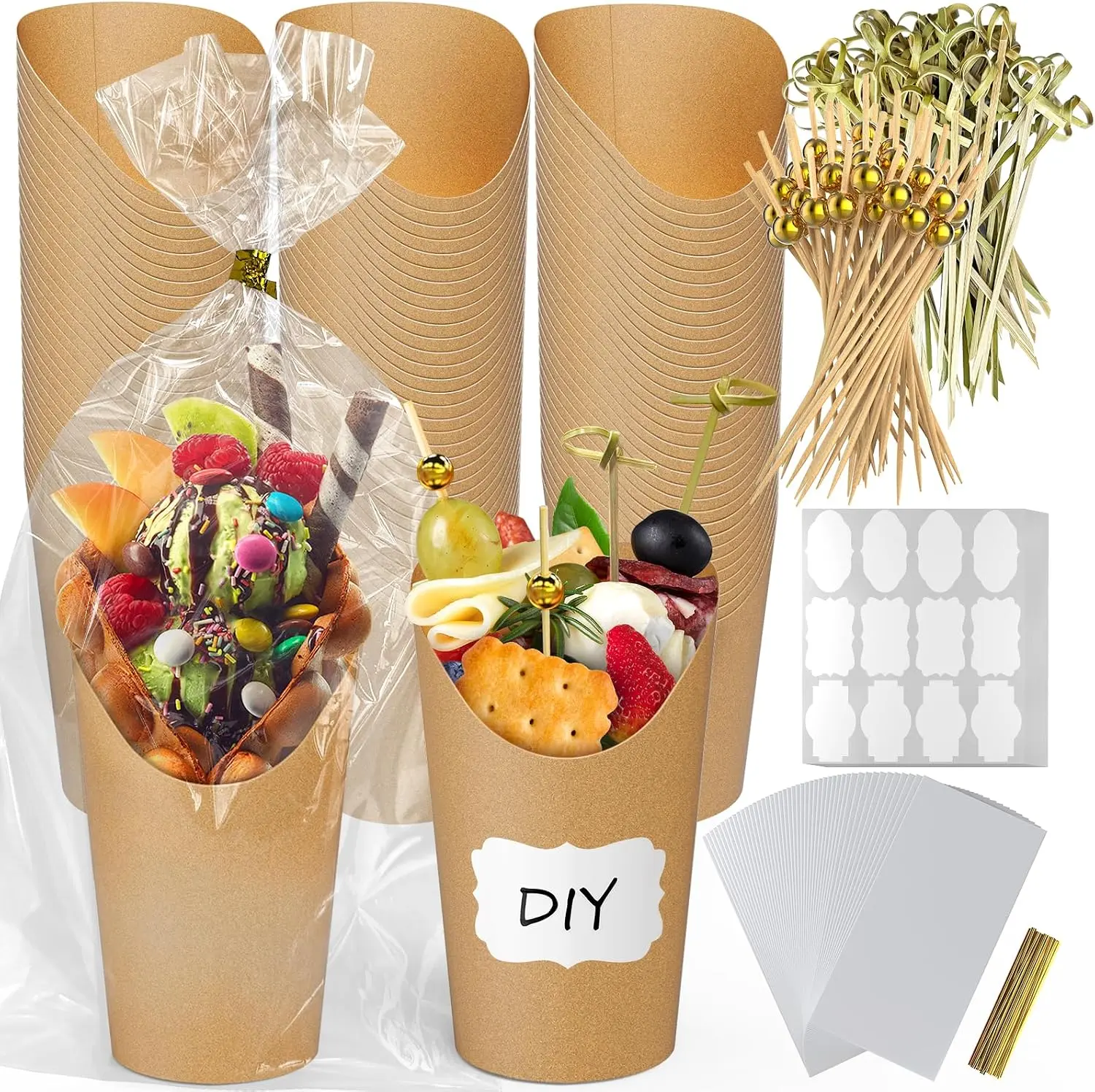 100-Pack Disposable Charcuterie Cups Set – with 200 Cocktail Picks, 100 Bags, Labels & Twist Ties, 12 oz Kraft Paper French Fry Holders for Snacks, Appetizers & Party Treats