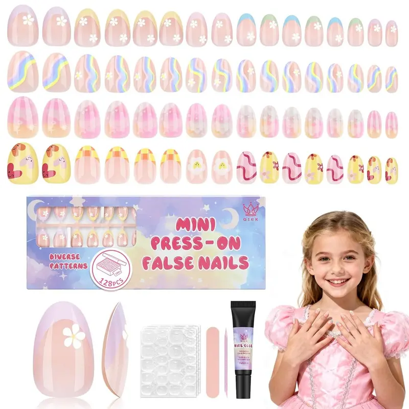 16 Sizes 128 Pieces Press on Nails for Kids, 4 pack Kids Nail Kit Colorful Flower Almond Fake Nail Tips for Girls 8-12 Years Old with Jelly Nail Adhesives & Nail Glue Birthday Easter Gifts