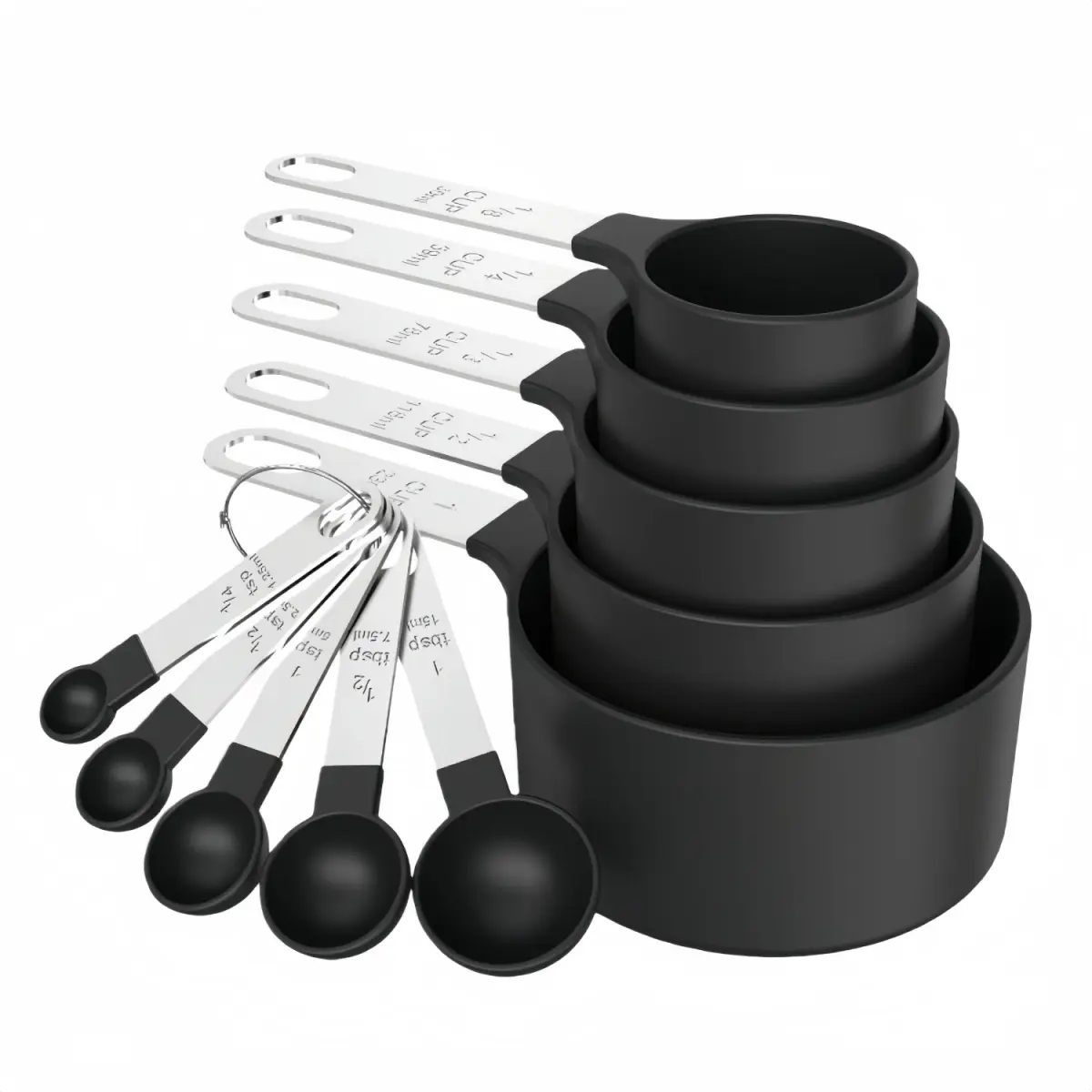 10-Piece Stackable Measuring Cups and Spoons Utensils Set - Durable Kitchenware with Stainless Steel Handles, Nesting Design, Engraved Size Marks, 1/4 Cup Included for Cooking & Baking - Black, Measuring Cup Included