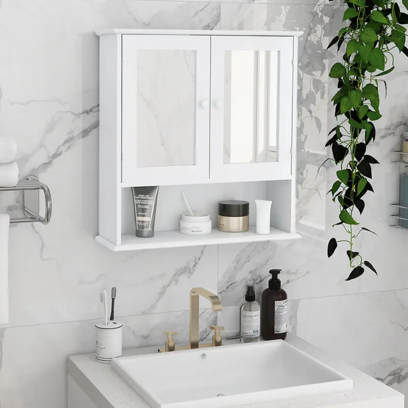 Classic Durable Bathroom Wall Cabinet with 2 Mirror Doors, Adjustable Ample Storage Shelves, French Country Decor, Assembly Required