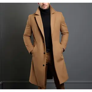 Autumn Winter Men's Solid Color Woolen Coat - Mid-Length Warm Thermal Overcoat