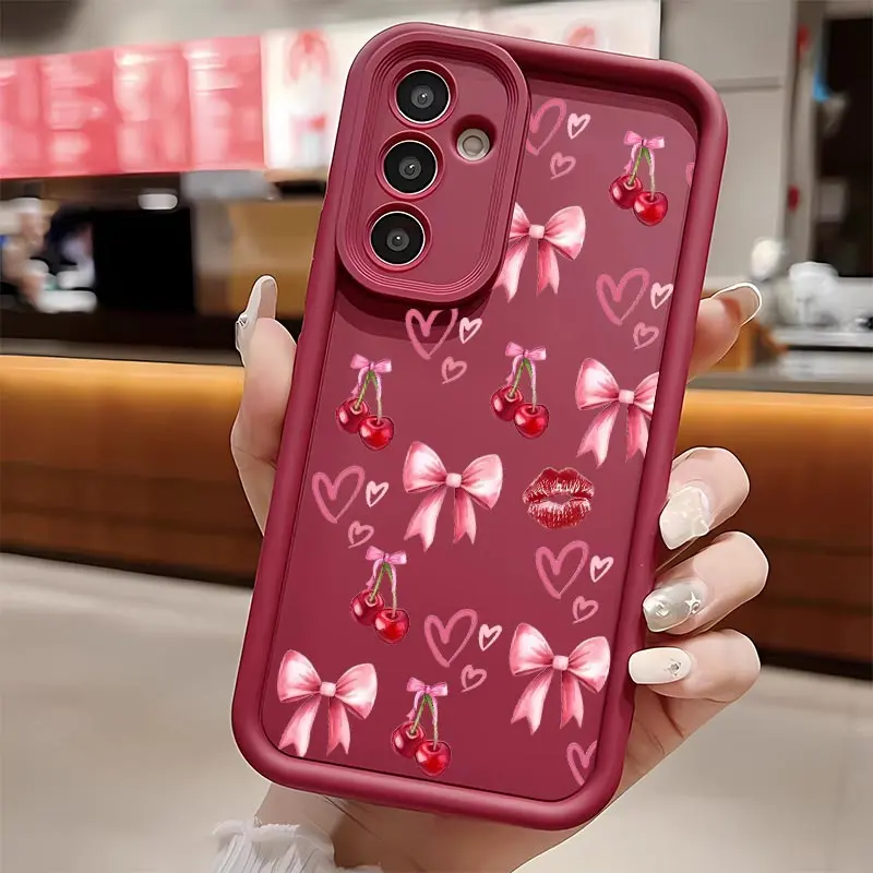 Cherry Bow Soft Silicone Phone Case For Galaxy S26Ultra/S25Edge/S24fe/S23/S22/S21Plus/A13/A14/A15/A16/A17/A33/A34/A35/A36/A52/A53/A54/NOTE20 Drop Protection|Full Camera Protection|Anti-Scratch|Non-Slip|Perfect Birthday Gift for Her
