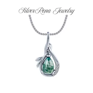 S925 Mother's Day Natural Moss Agate Necklace, Unisex Teardrop Agate Jewelry with Leaf Design, Elegantand Stylish Hypoallergenic Sterling Silver Pendant for Women, Perfect for Casual and Daily Wear, Valentine's Day Birthday Gift