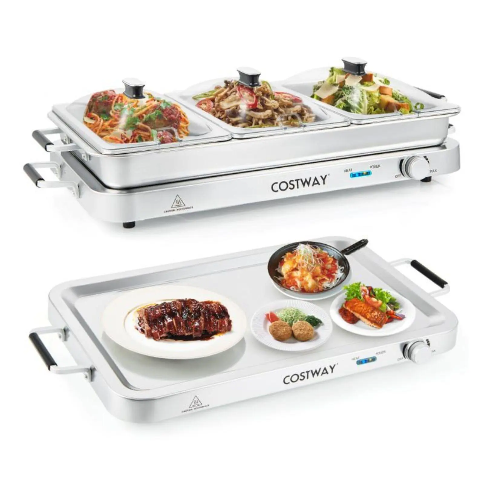 COSTWAY Buffet Servers and Warmers, 2 in 1 Electric Warming Tray, Stainless Steel Chafing Dish with Temperature Control, 3 Serving Trays, 4.5/8 Qt Food Warmers Station for Parties Banquets Events, Dishwasher Safe, 4th of july decor, dad gift