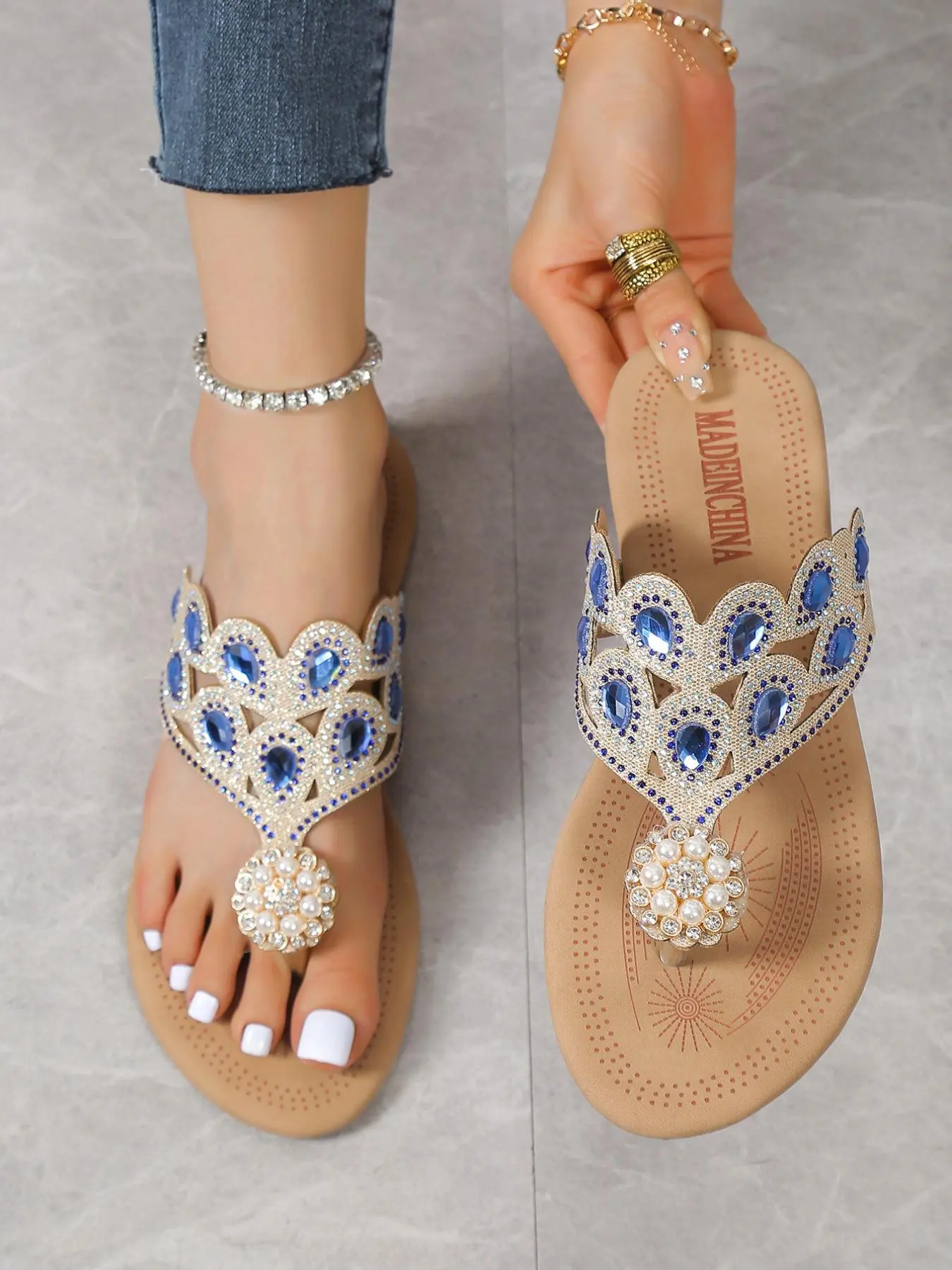 Fashion Blue Rhinestone Decorated Toe Thong Boho Style Sandal, Bohemian Trending Sandals, Casual Versatile Flat Sandals for Summer, Lightweight Breathable Comfortable Shoes for Daily Wear, Beaded Sandals, Casual Trendy Sandals, Women's Footwear