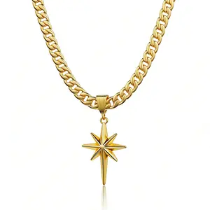 DB- Women's Gold Flat Cuban Chain Necklace with Eight-Pointed Star Pendant - Trendy Y2K Style Statement Jewelry, A Perfect Valentine's Day Gift Choice-DB