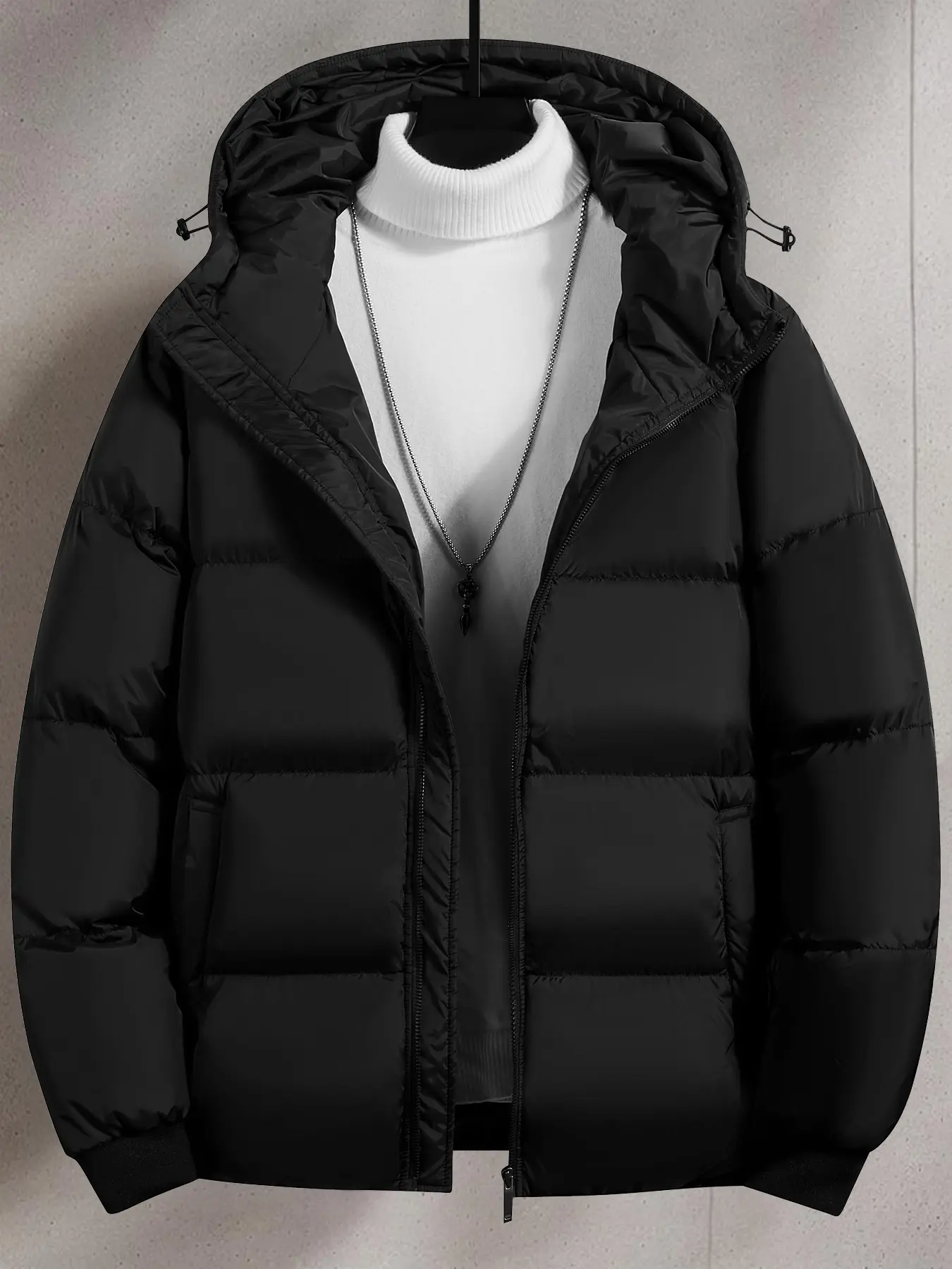 Men's Thick Warm Hooded Puffer Jacket - Longsleeves, Regular Fit, Zipper-Up, Padded, Plain, Casual Fashionable Jacket, Festive Christmas Winter Outerwear with Pockets (Beige, Black), Jackets, Coat With Pockets