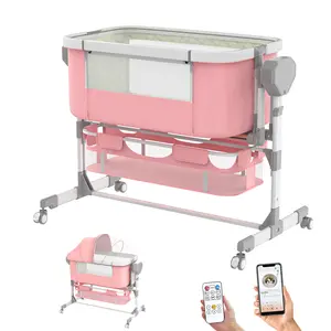 Electric Baby Bassinet with 5 Rocking Motions 6 Height Adjustments 4 Lullabies Bluetooth 5.0 360° Silent Wheels for Newborns Unisex Stable Swing Bedside Sleeper Modes（The installation video is on the product details page.）