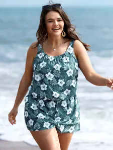 【Summer Turn-Up】【Adjustable Straps】【Pocket Romper】BlOOMCHIC Plus Size Tropical Flower Print Pockets One-Piece Swimsuit [1x-6x] 2026 Summer Pick for Mother's Day