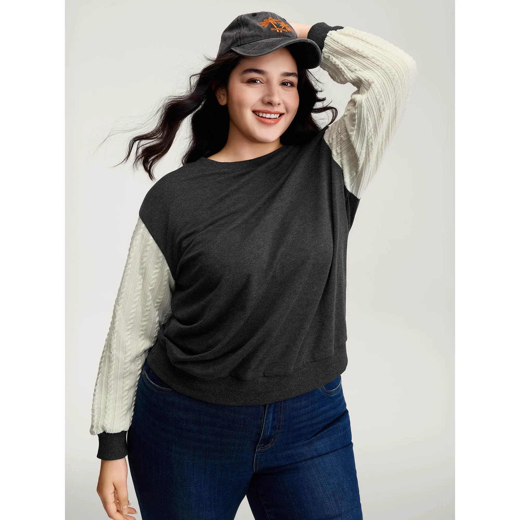 【 Comfy Chic】Bloomchic Textured Contrast Drop Shoulder Sweatshirt Grey Fit ,Summerfinds Grey Fit