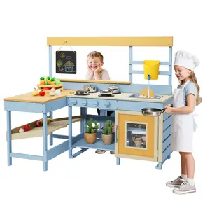 Mud Kitchen for Kids Outdoor Wooden Pretend Play Kitchen Set with See-Through Planter Box, Removable Sink & Faucet, Chalkboard, Storage Shelves